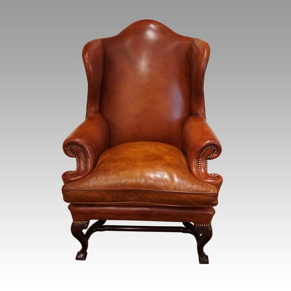 English Country House Pair of Georgian Style Leather Wing Chairs, circa 1920 For Sale 2