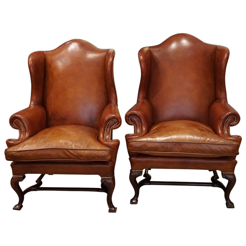 English Country House Pair of Georgian Style Leather Wing Chairs, circa 1920 For Sale