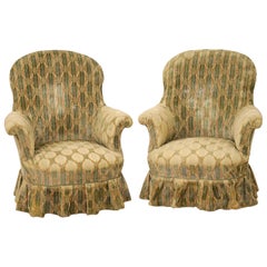 Antique English Country House Style Upholstered Armchairs with Skirts 19th Century, Pair