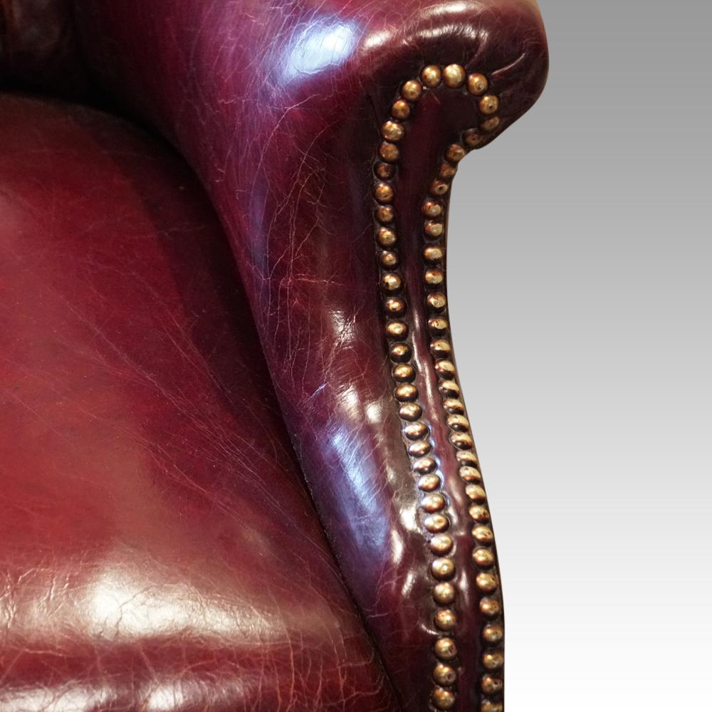 Victorian leather reading chair
This Victorian leather reading chair was made circa 1860.
Standing on fine turned oak front legs with its original brass cup castors, the chair with the generous deep button back and swept arms.
We have restored
