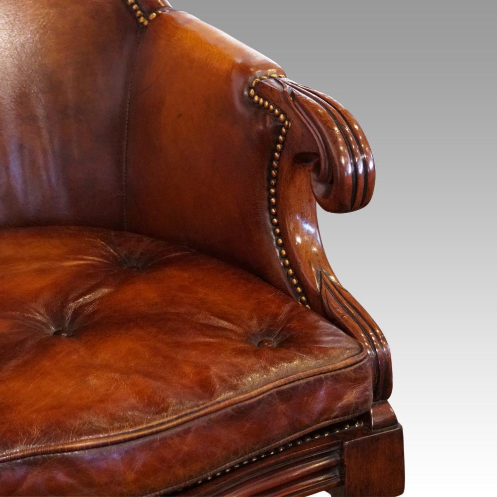 Wm IV leather library chair
This Wm IV leather library chair was made circa 1830.
Totally re-upholstered by our specialist team of craftspeople. The leather is English Grade 1 hide that we hand dye after upholstering before we apply our many