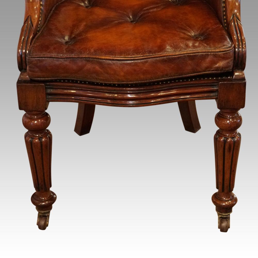 Mid-19th Century English Country House William IV Mahogany Leather Library Chair, circa 1830