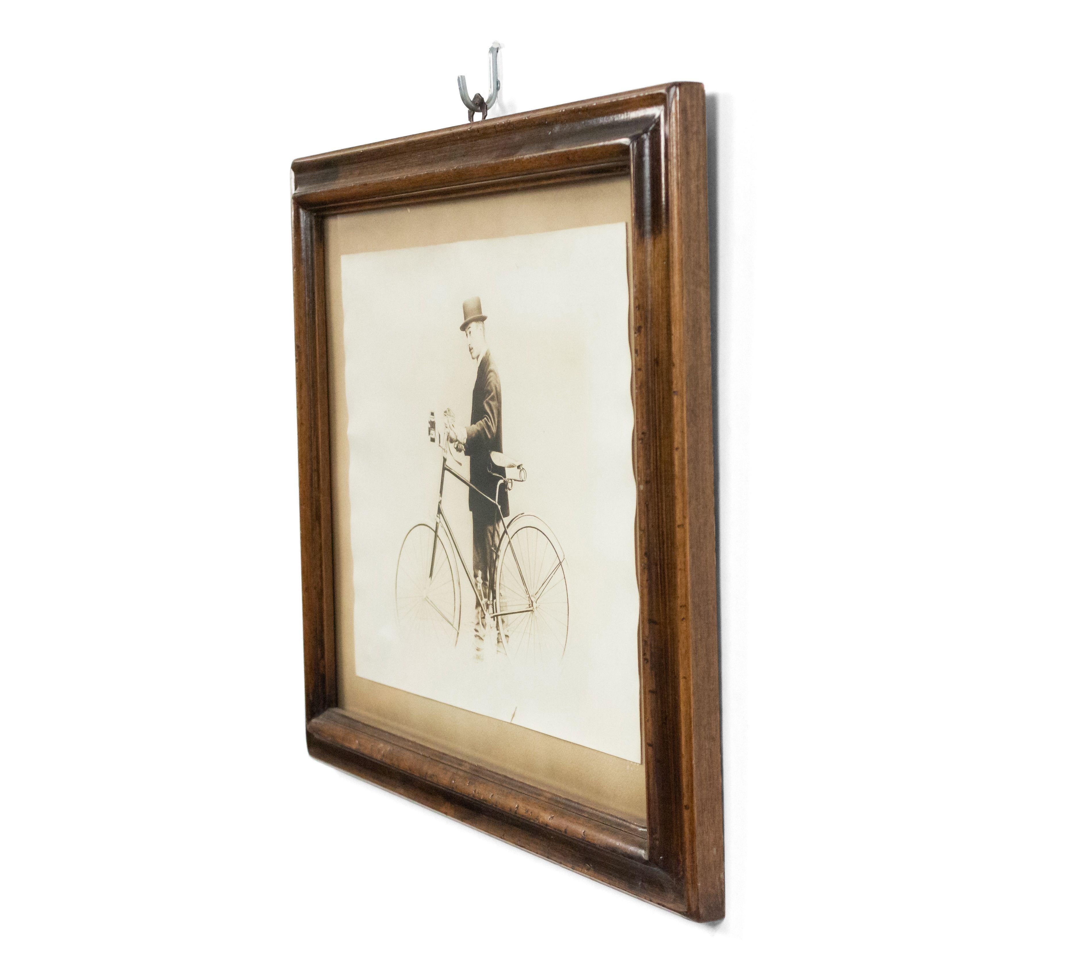 English Country style walnut framed photograph portrait of 19th Century man standing next to bicycle
