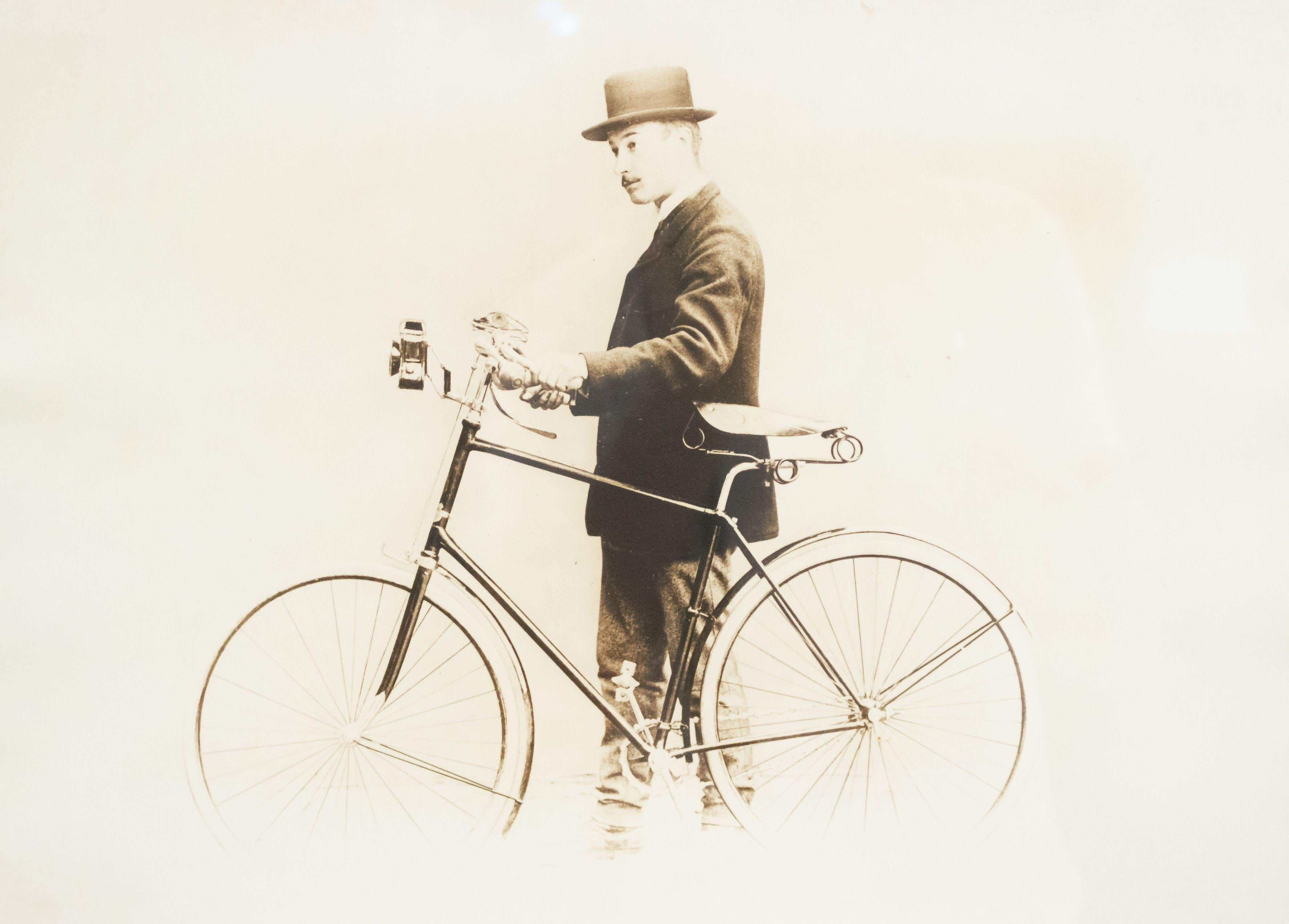 British English Country Man and Bicycle Portrait For Sale