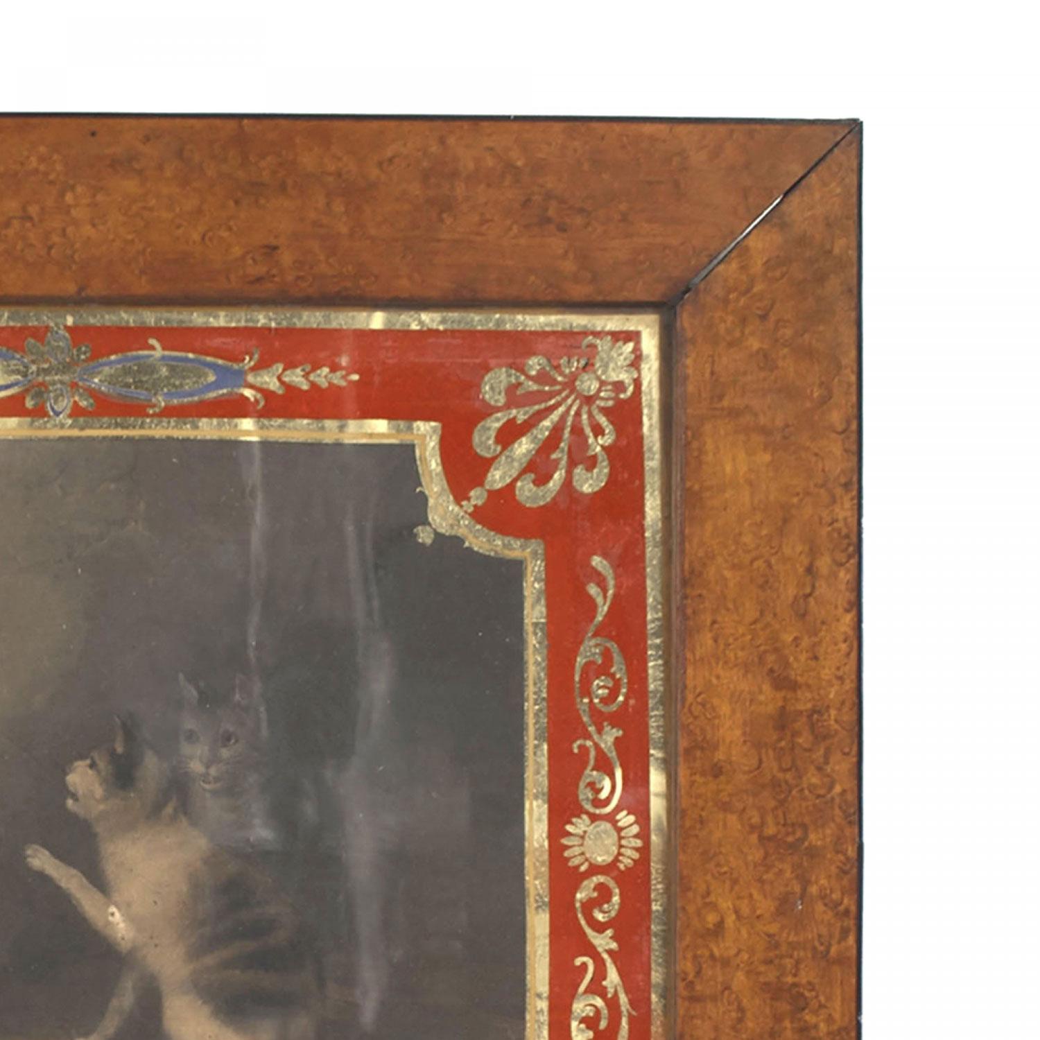 Englisch Land Ahorn gerahmt Lithographie von Affen spielen mit 2 Katzen mit roten und vergoldeten trimmen Glas Mattierung.