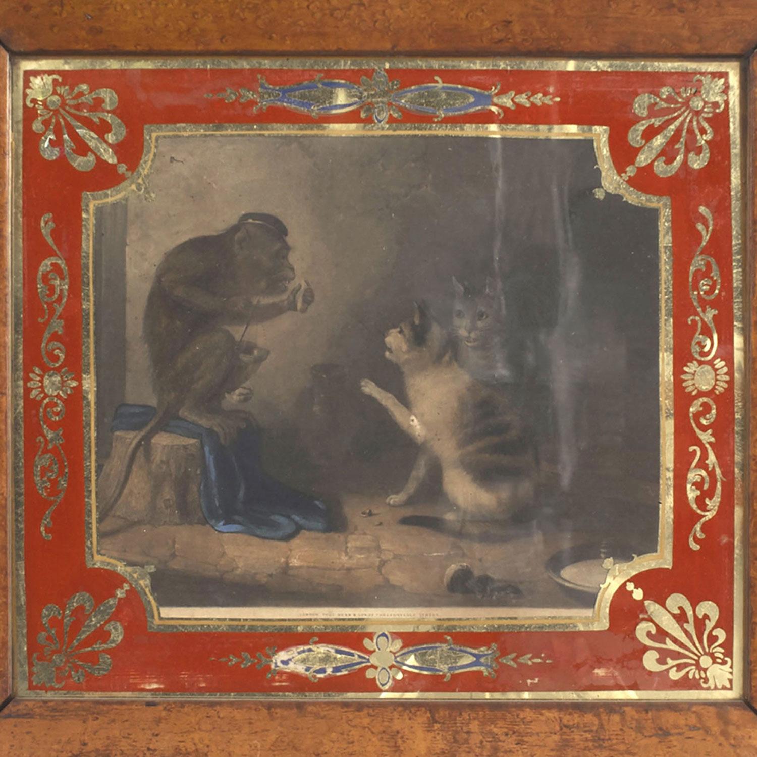English Country Monkey and Cats Lithograph (Britisch) im Angebot