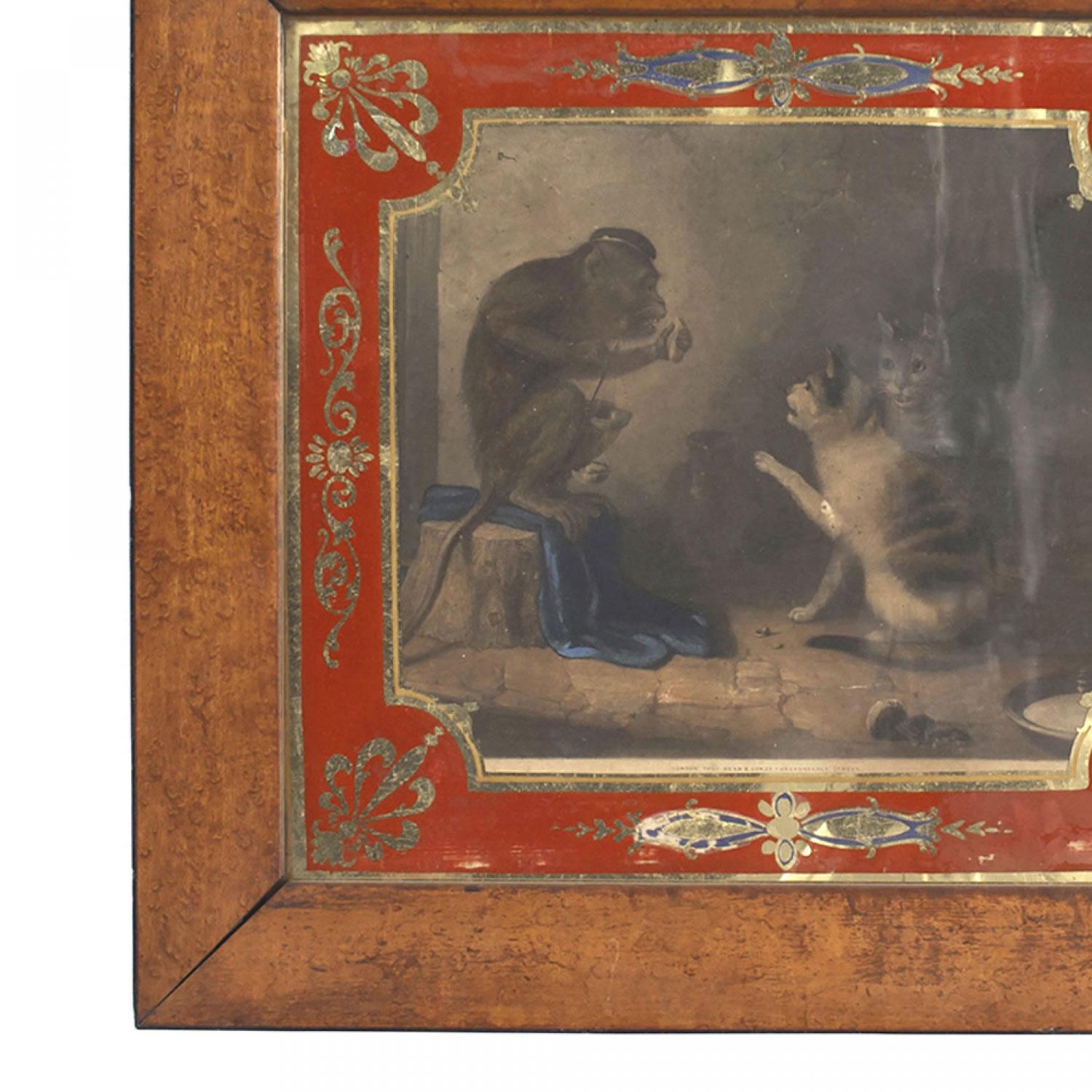 English Country Monkey and Cats Lithograph (Vergoldet) im Angebot