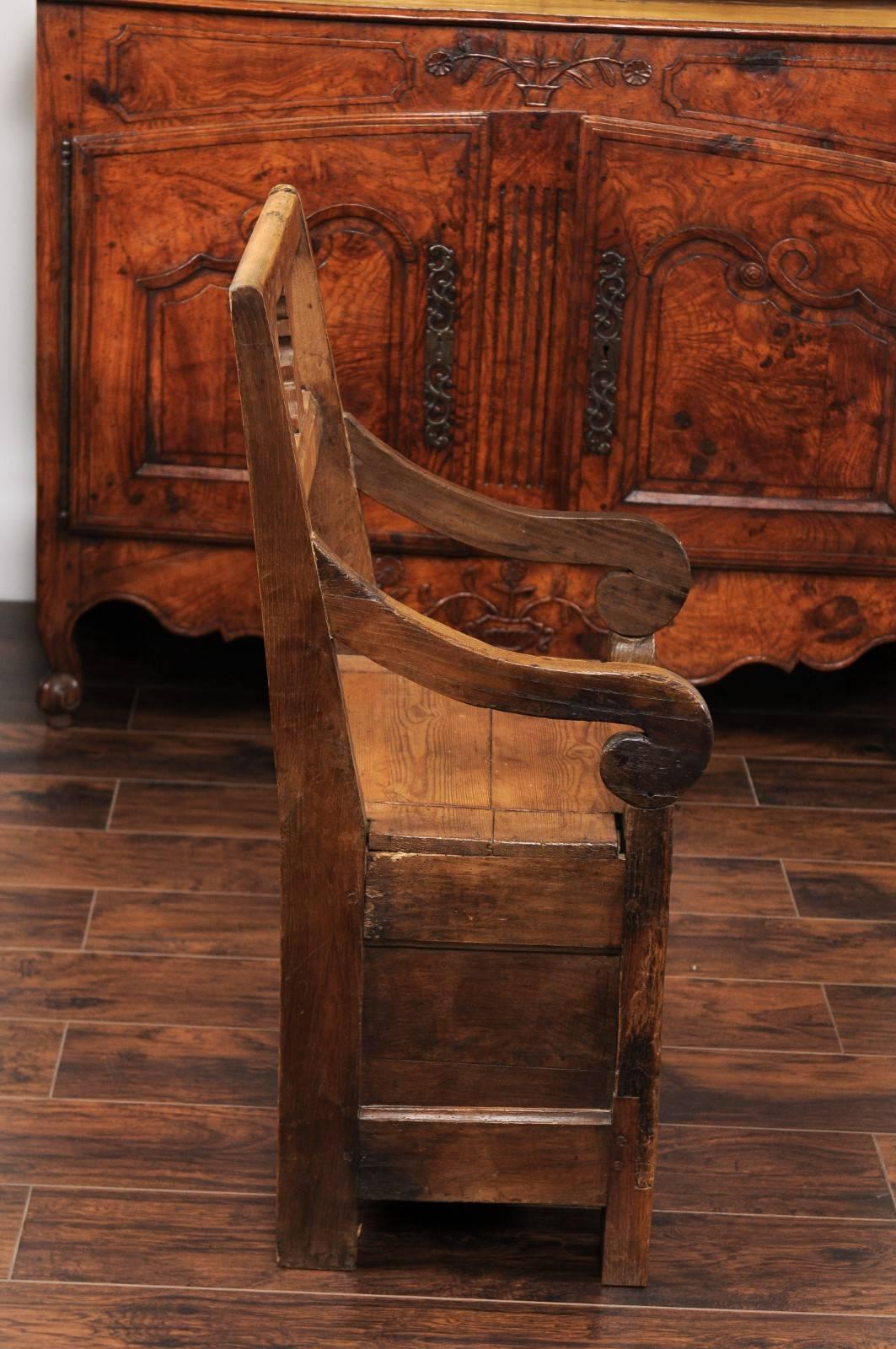 English Country Pine Chair circa 1800 with Scrolled Arms and Lift-Top Seat For Sale 2