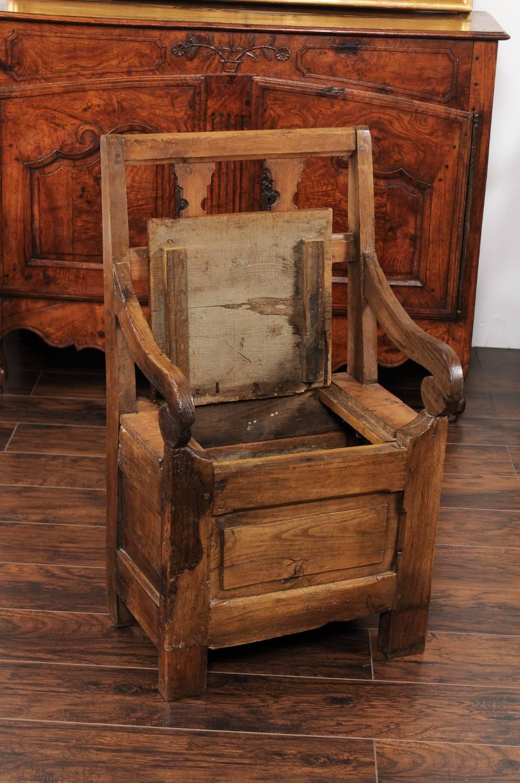 Rustic English Country Pine Chair circa 1800 with Scrolled Arms and Lift-Top Seat For Sale