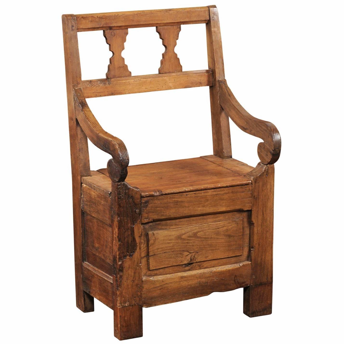 English Country Pine Chair circa 1800 with Scrolled Arms and Lift-Top Seat For Sale