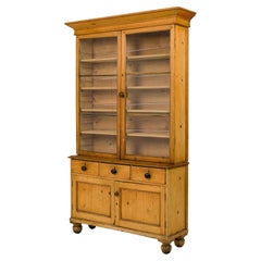 Vintage English Country Pine Wood Breakfront Hutch / Cabinet