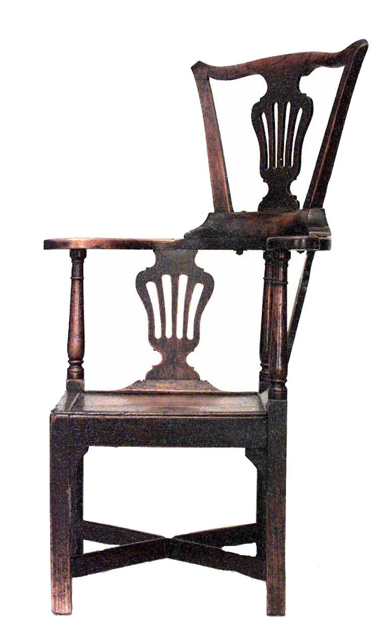 English Country (18th Cent) provincial high back yew wood corner arm chair with triple splat back.

