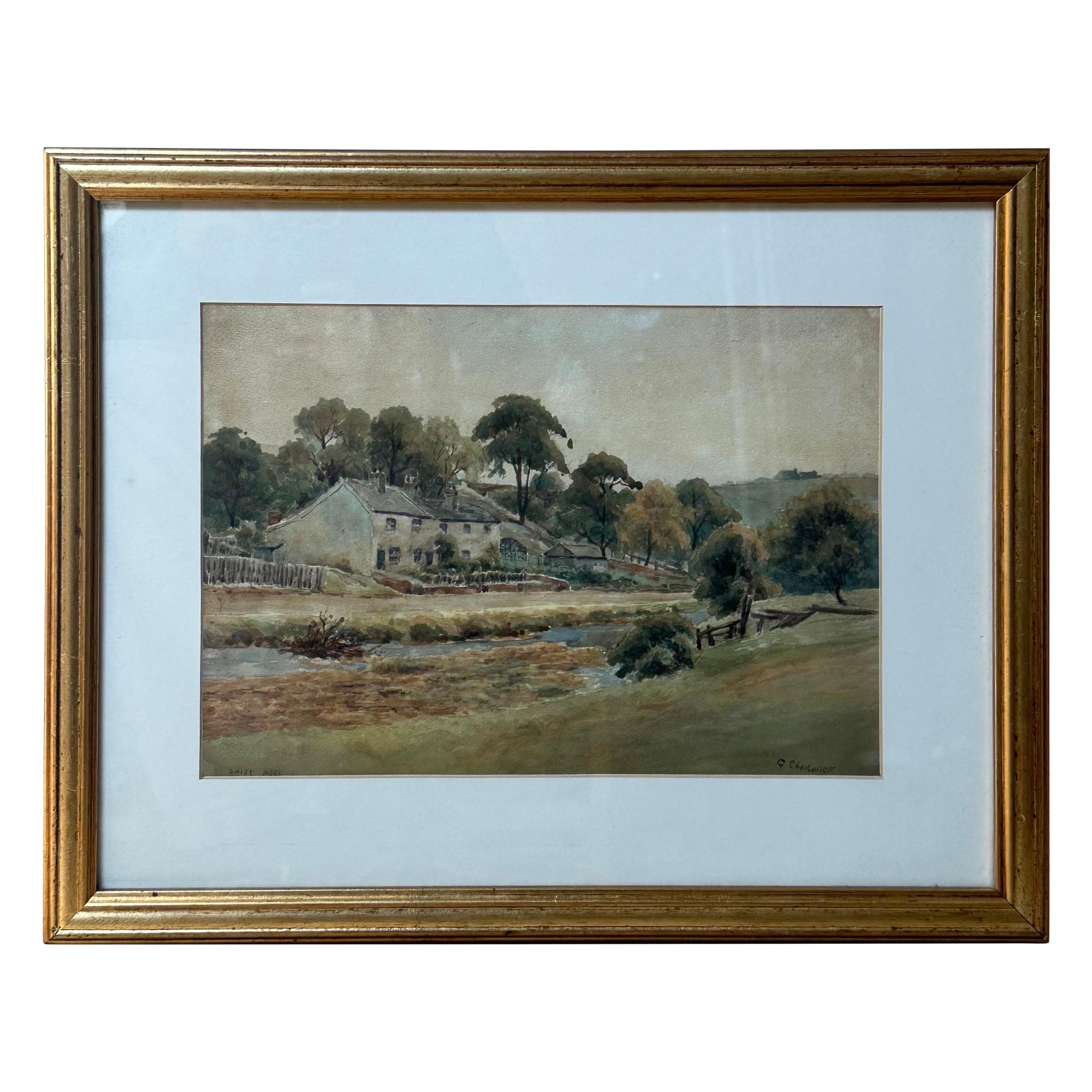 English country rural scene original water colour original antique frame, 1890