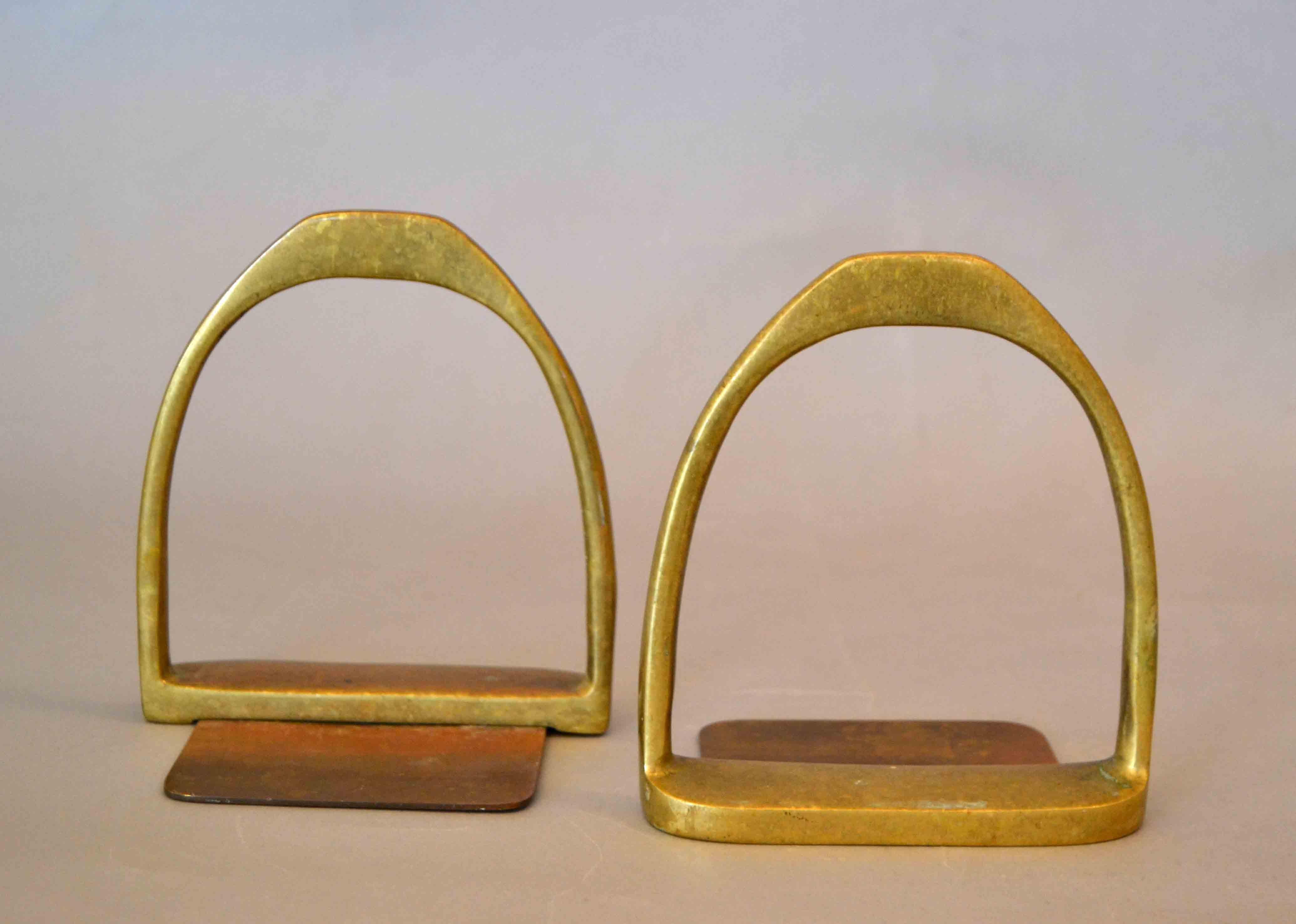Mid-Century Modern English Country Style Handcrafted Brass Horse Saddle Stirrup Bookends, Pair