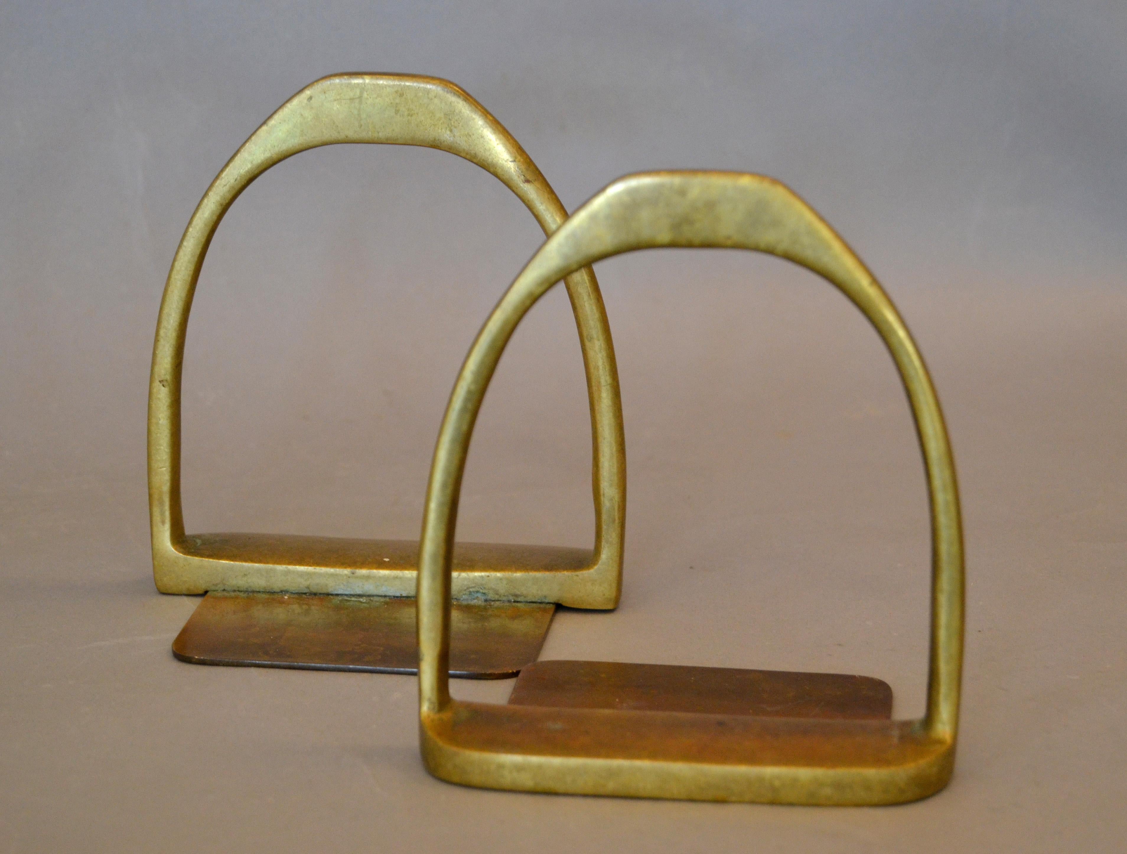Late 20th Century English Country Style Handcrafted Brass Horse Saddle Stirrup Bookends, Pair