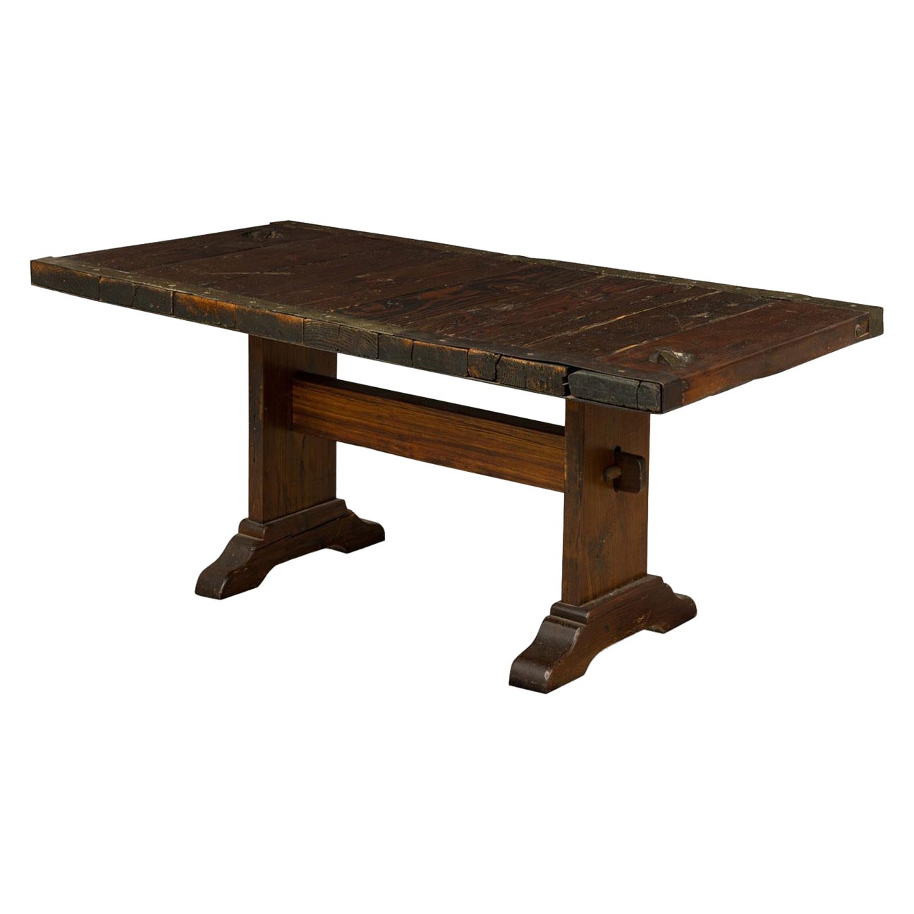 English Country style Oak Trestle and Iron Dining Table For Sale