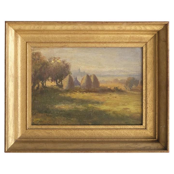 English Countryside Landscape Oil Painting with Gold Frame