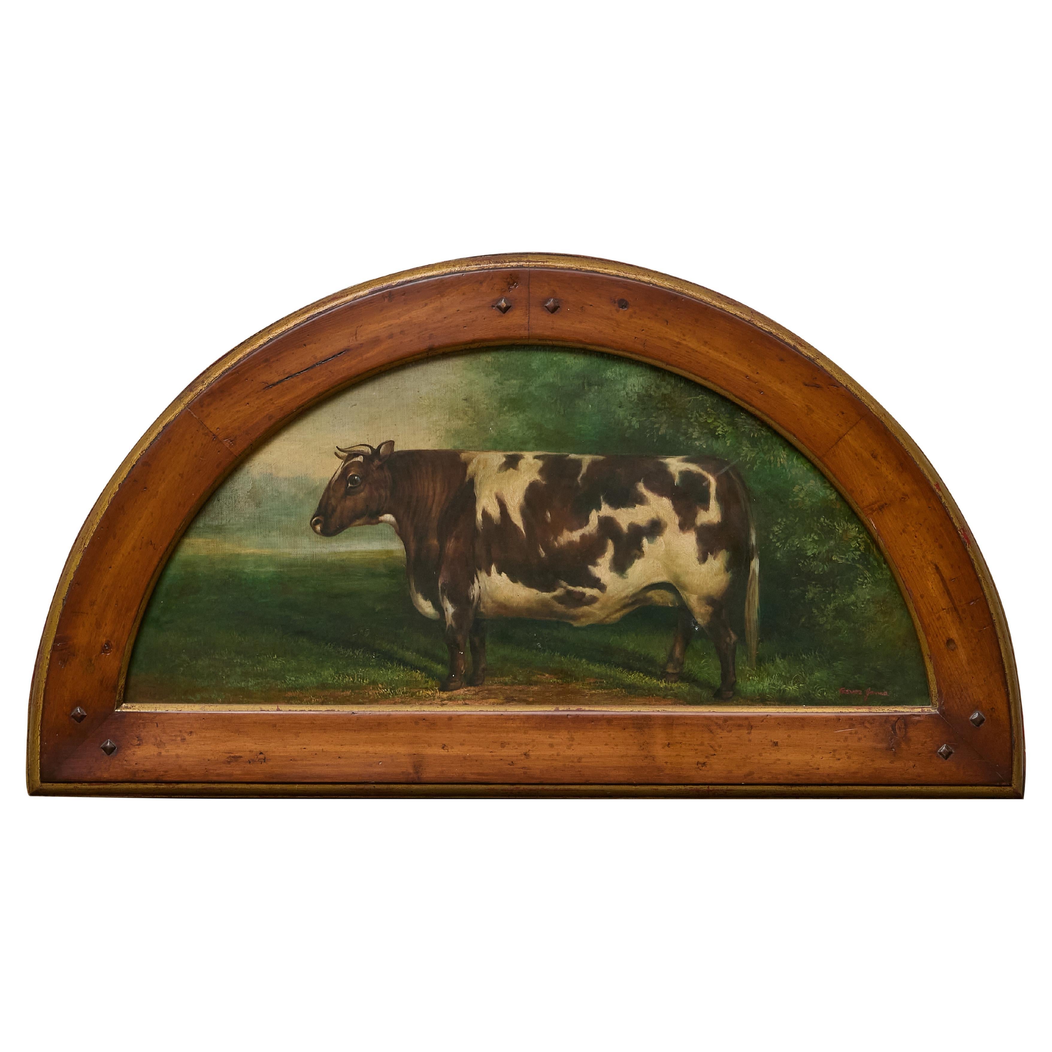 Ritratto di mucca inglese a forma di mezza luna, cornice di legno - 1920 circa