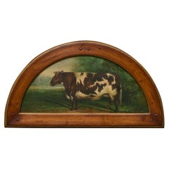 Antique English Cow Portrait in Half-Moon Form, Wooden Frame - circa 1920