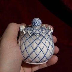English Creamware ‘Artichoke’ Custard Cup, Blue Details, circa 1780