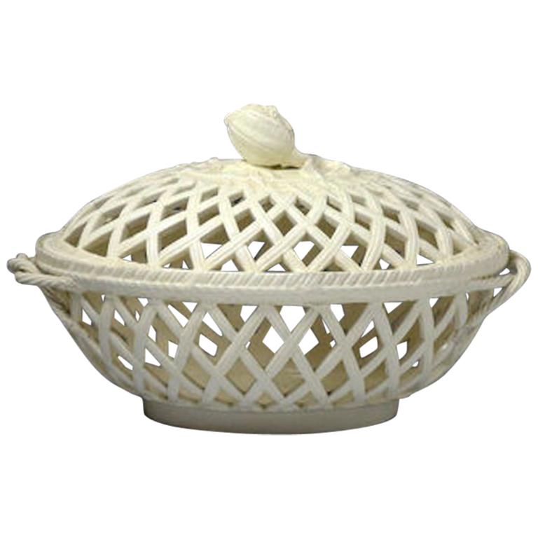English Creamware Basket with Cover Staffordshire or Yorkshire Pottery