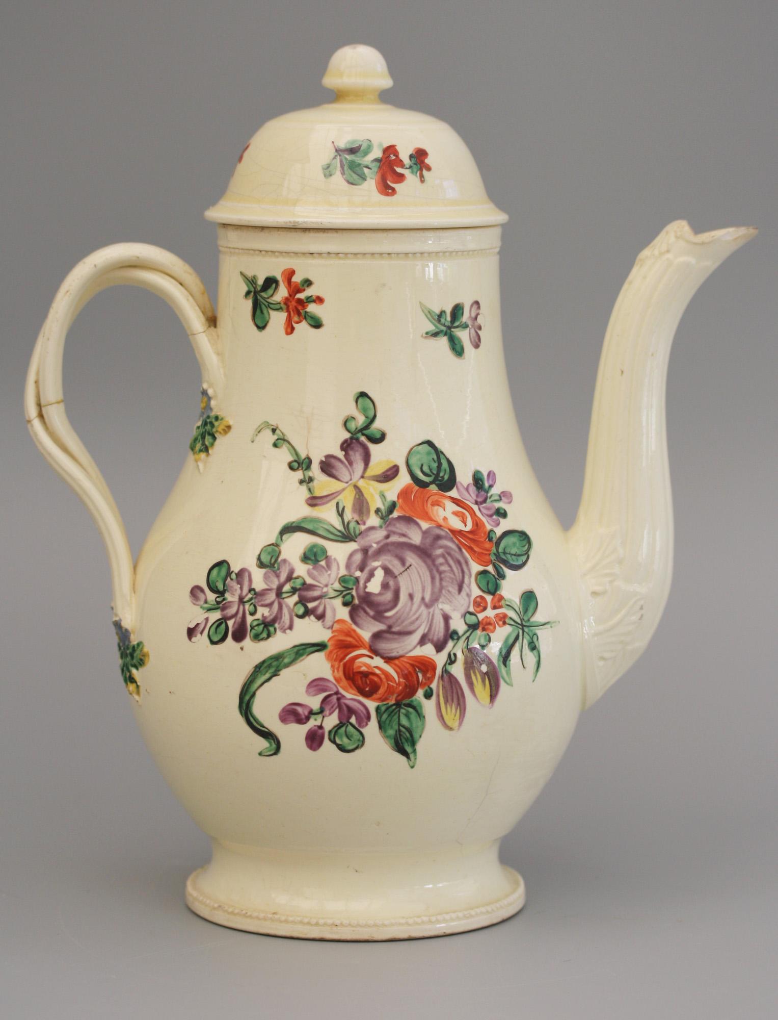 English Creamware Floral Painted Teapot and Cover, circa 1770 5