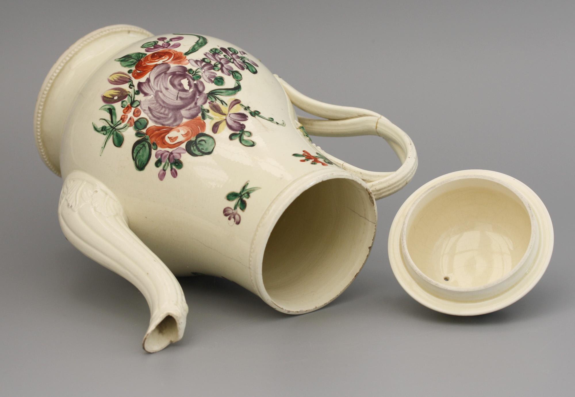 Hand-Painted English Creamware Floral Painted Teapot and Cover, circa 1770