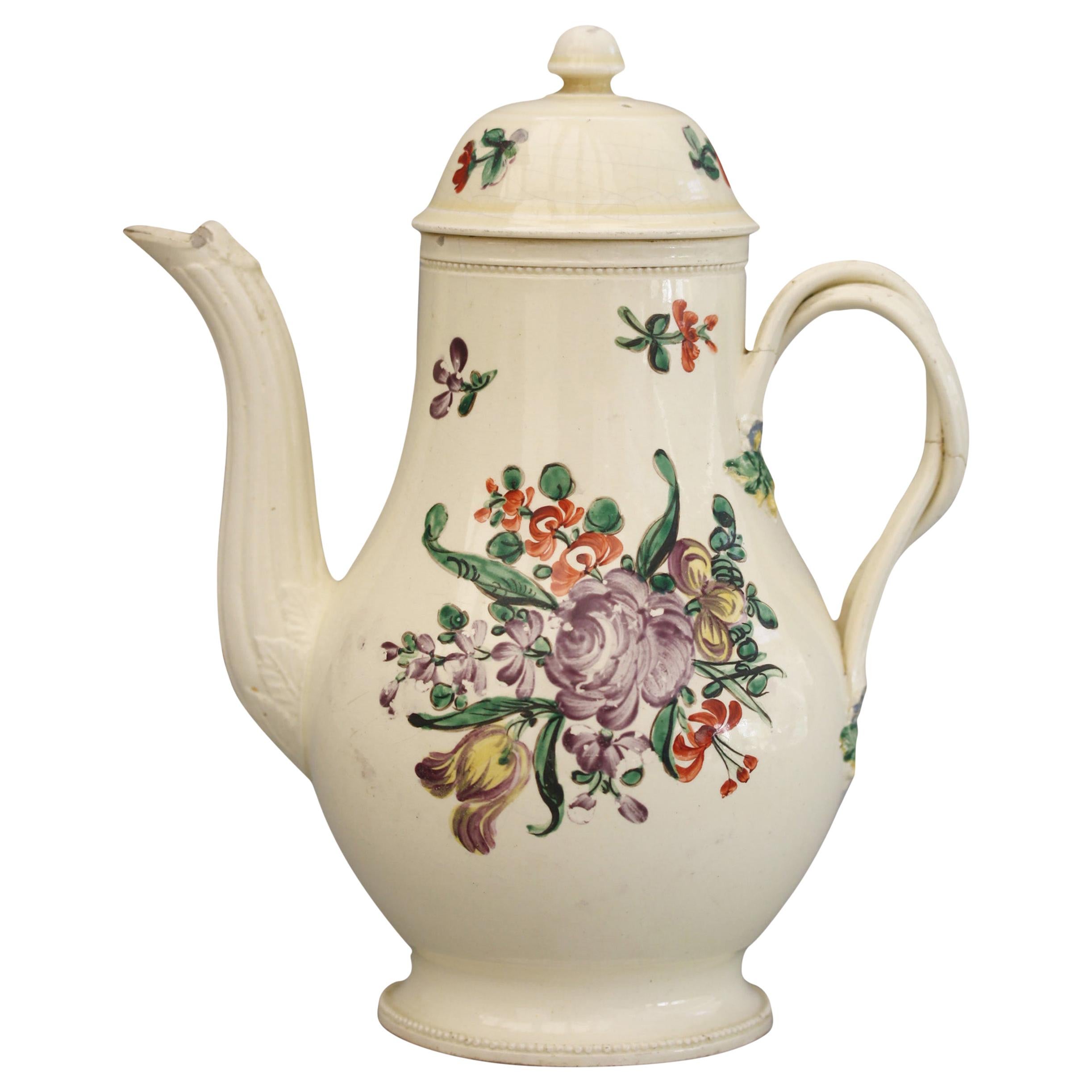 English Creamware Floral Painted Teapot and Cover, circa 1770
