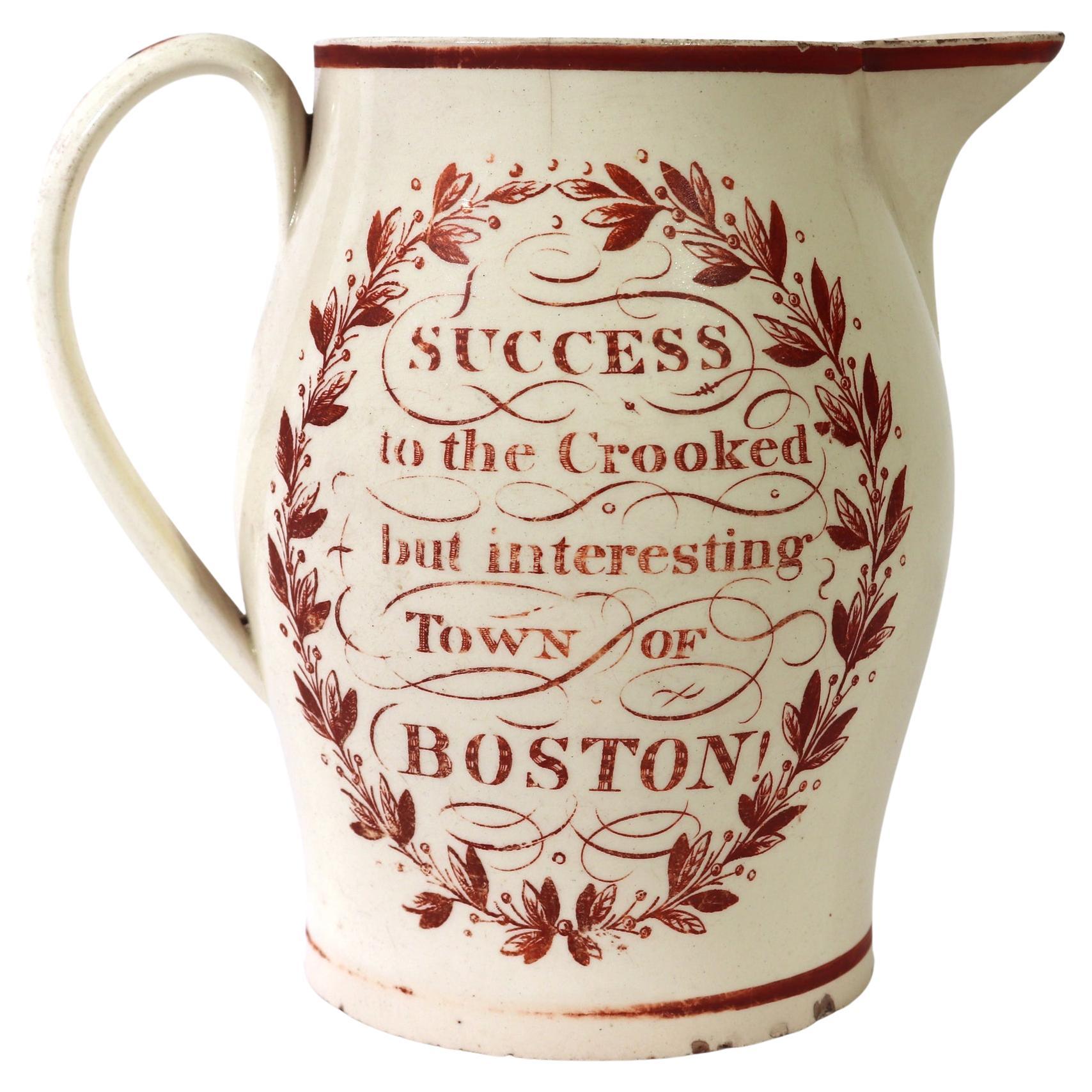 English Creamware Jug with "Success to the Crooked but interesting Town of Bosto