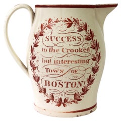 Antique English Creamware Jug with "Success to the Crooked but interesting Town of Bosto