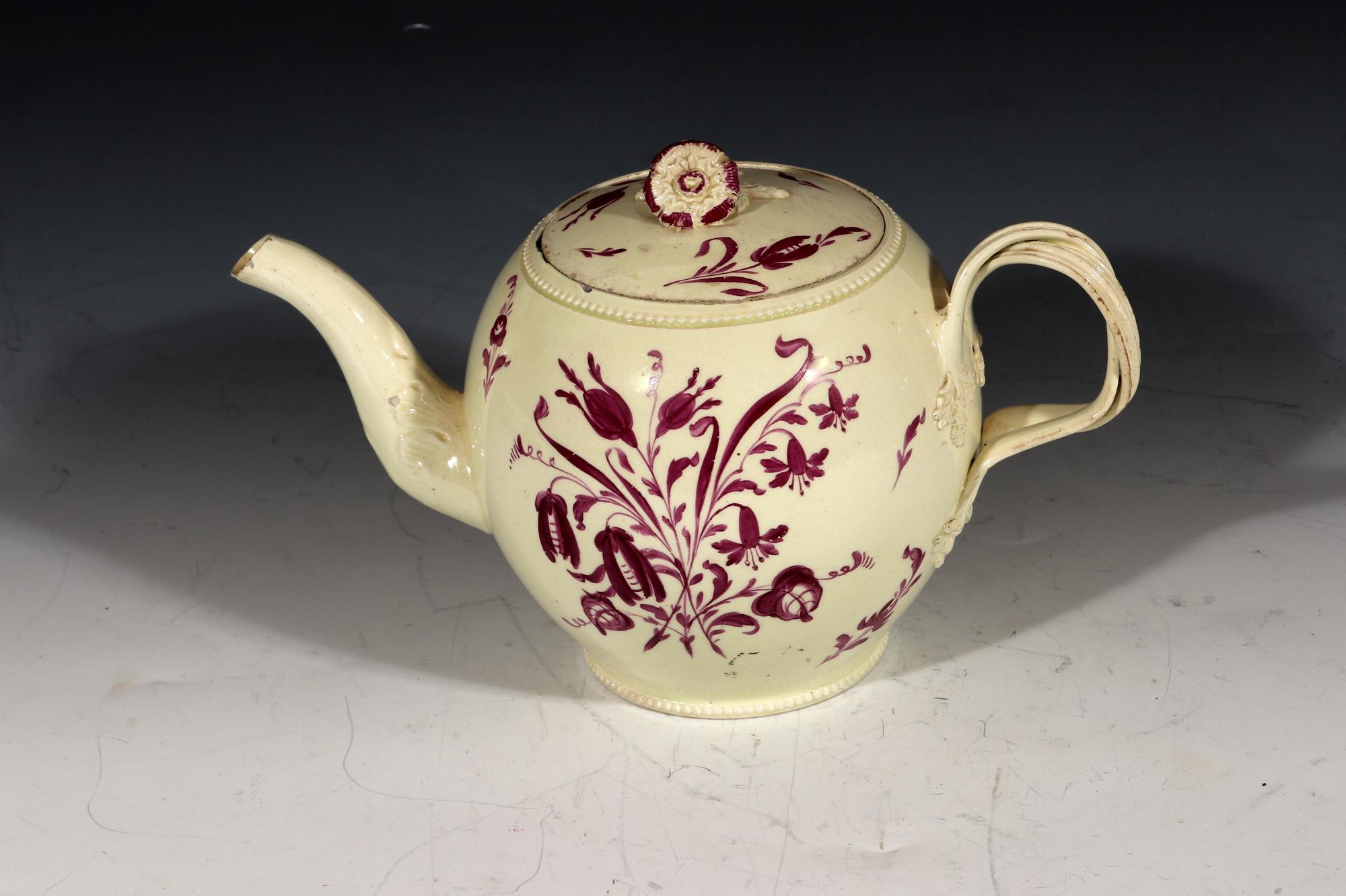 English Creamware Large Teapot with Puce Flower Painted Decoration For Sale 2