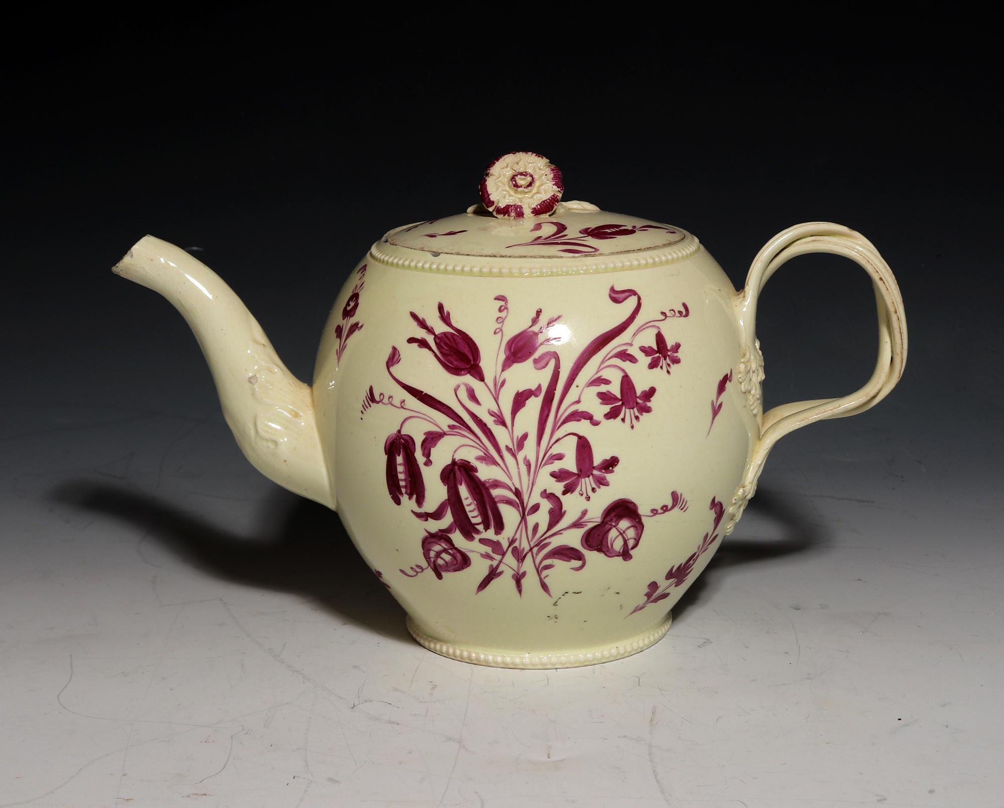 English Creamware Large Teapot with Puce Flower Painted Decoration For Sale 3