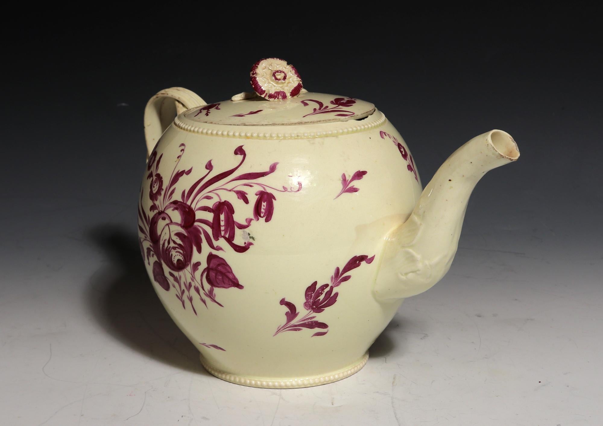 Georgian English Creamware Large Teapot with Puce Flower Painted Decoration For Sale