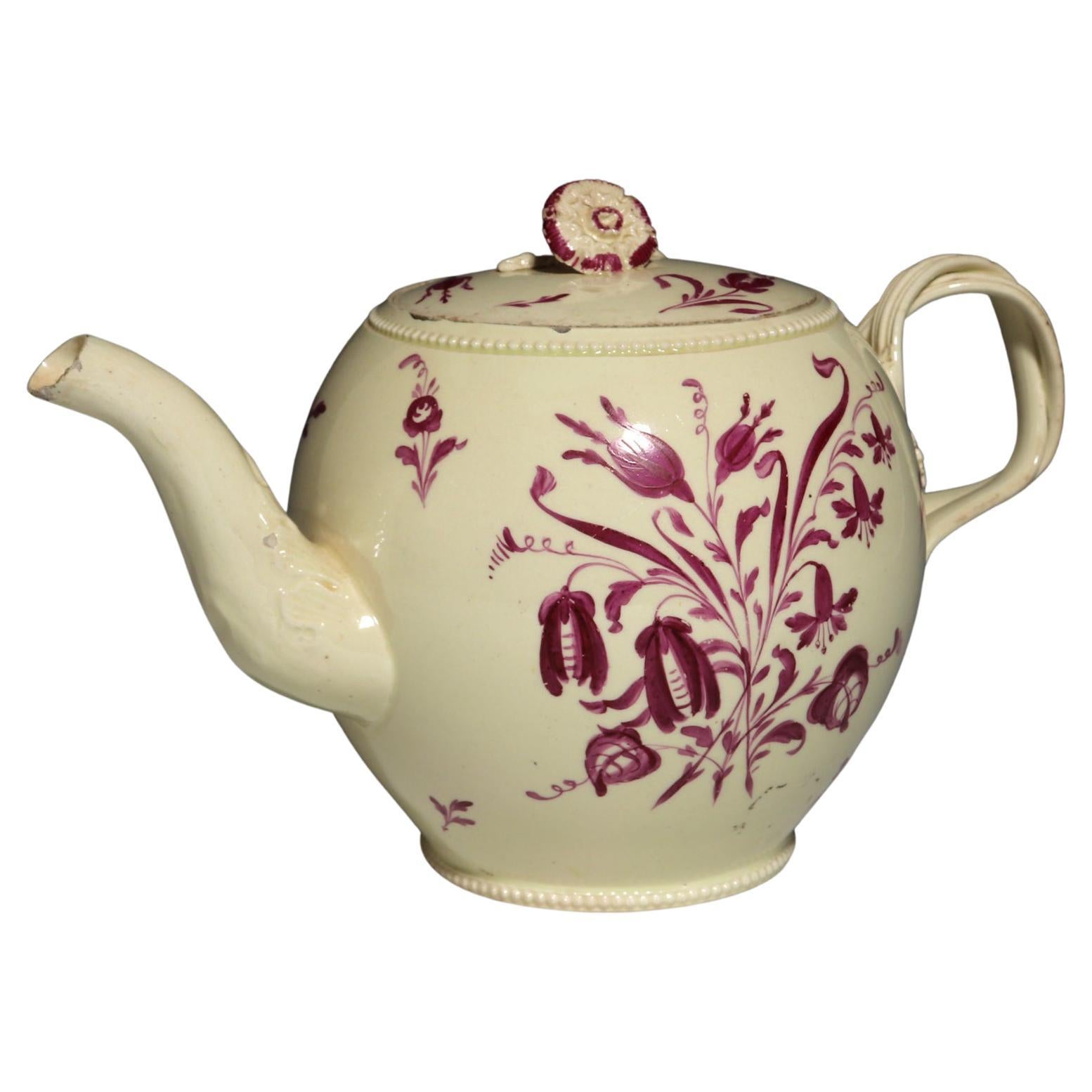 English Creamware Large Teapot with Puce Flower Painted Decoration For Sale