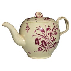English Creamware Large Teapot with Puce Flower Painted Decoration