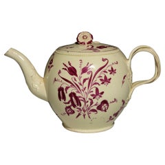 English Creamware Large Teapot with Puce Flower Painted Decoration
