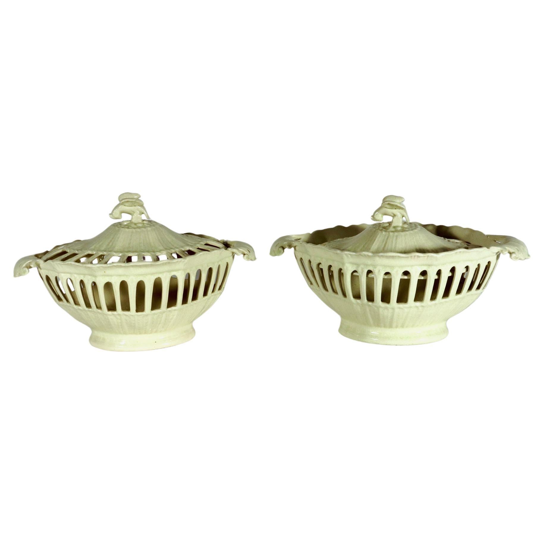 English Creamware Openwork Fruit Baskets and Covers For Sale
