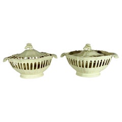 Used English Creamware Openwork Fruit Baskets and Covers