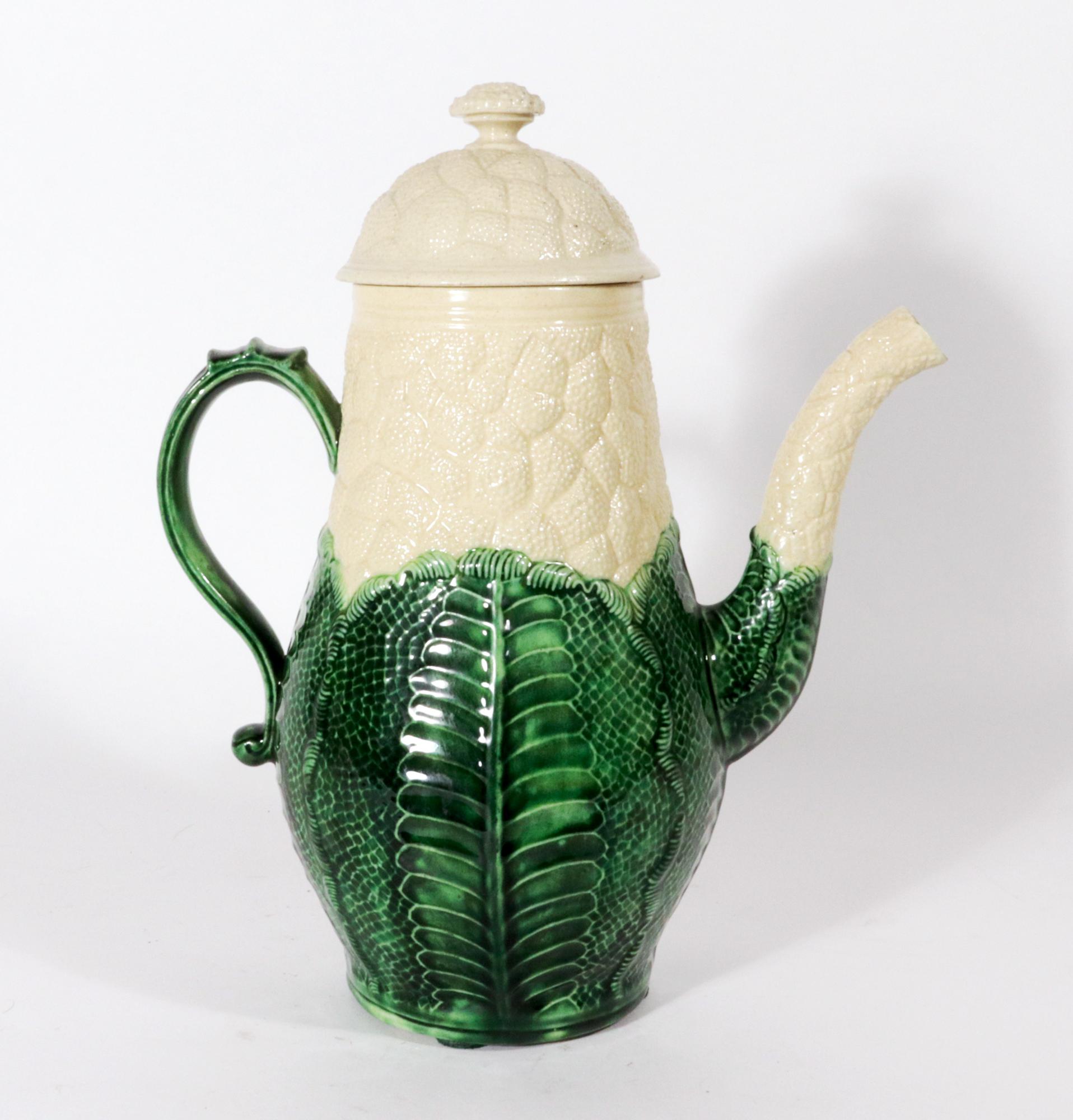 English Creamware Pottery Cauliflower Coffee Pot and Cover,
Staffordshire,
Circa 1760-70

The  lead-glazed earthenware creamware 