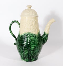 English Creamware Pottery Cauliflower Coffee Pot and Cover