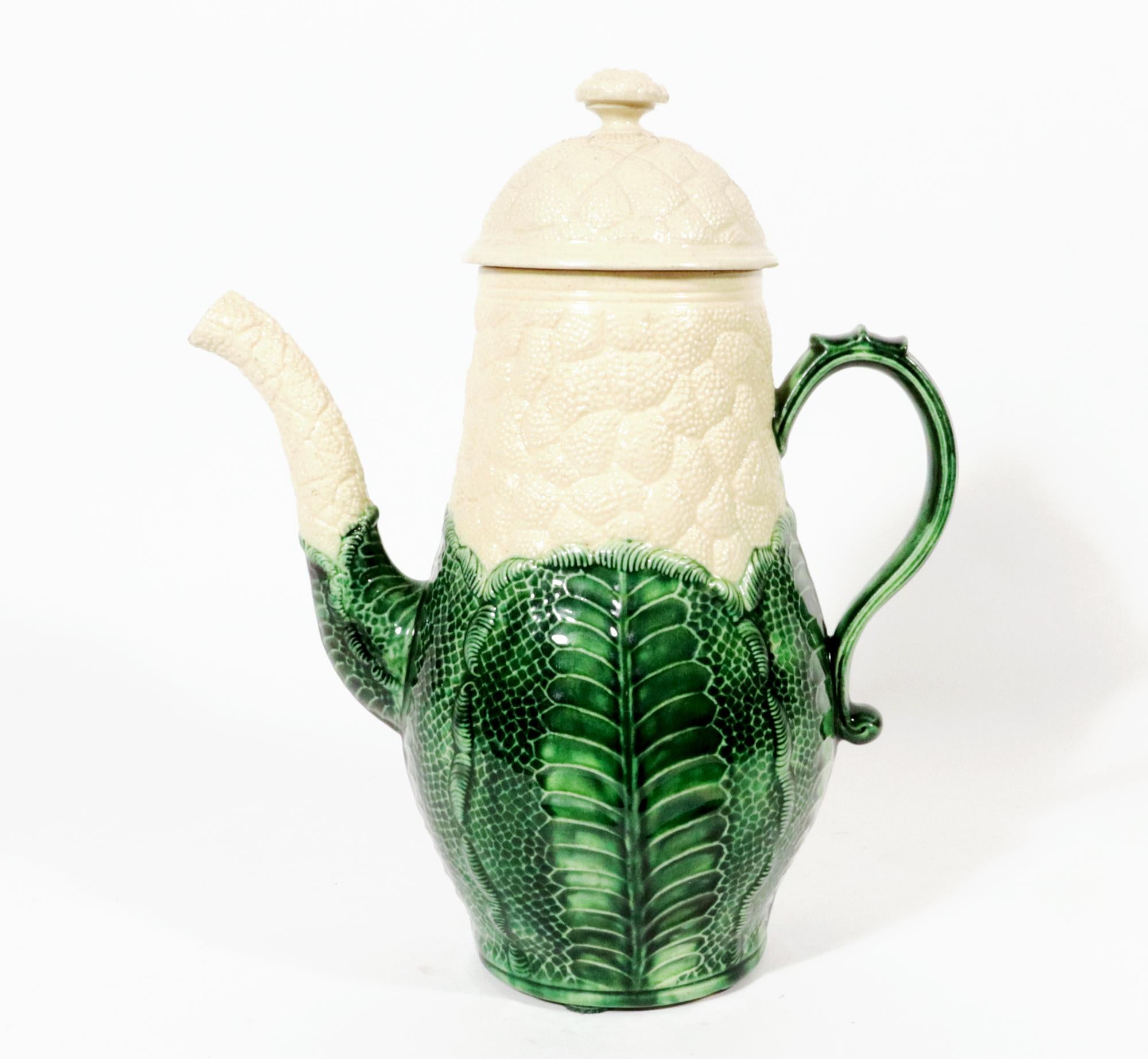 English Creamware Pottery Cauliflower Coffee Pot and Cover For Sale 1