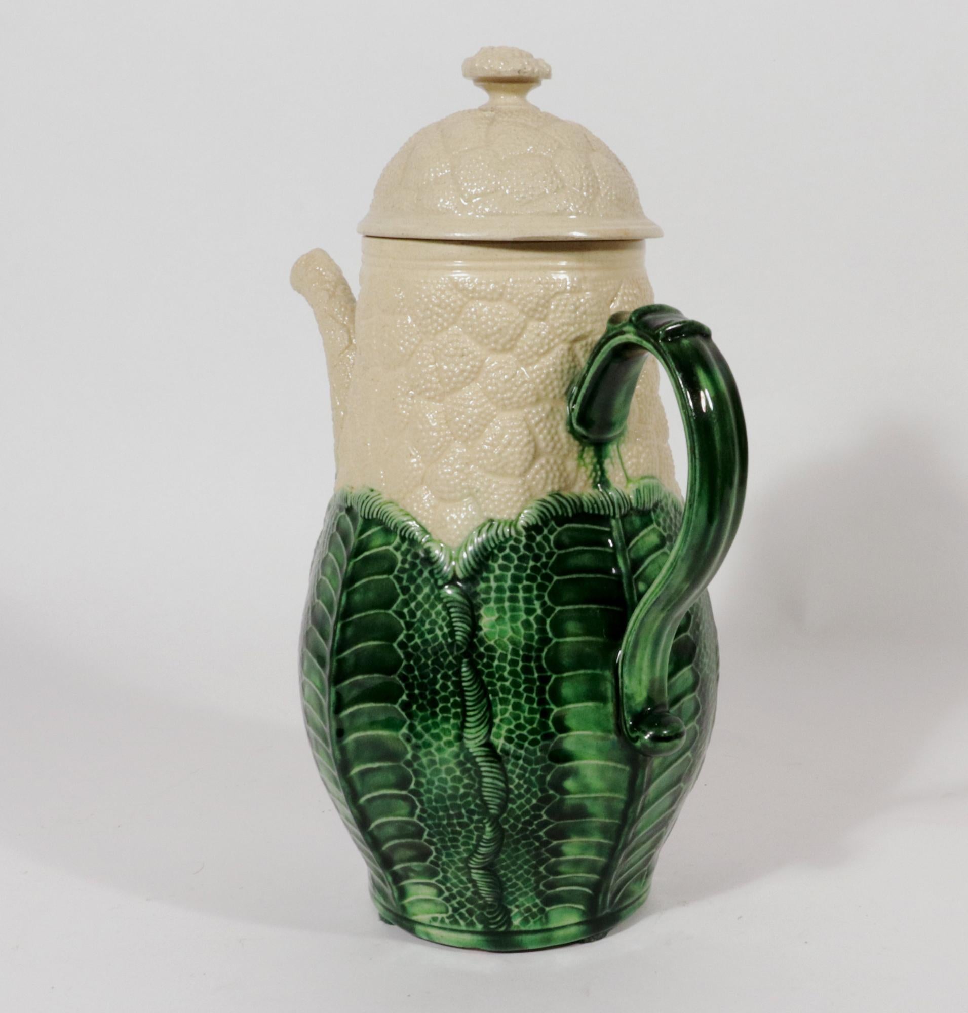 English Creamware Pottery Cauliflower Coffee Pot and Cover For Sale 2
