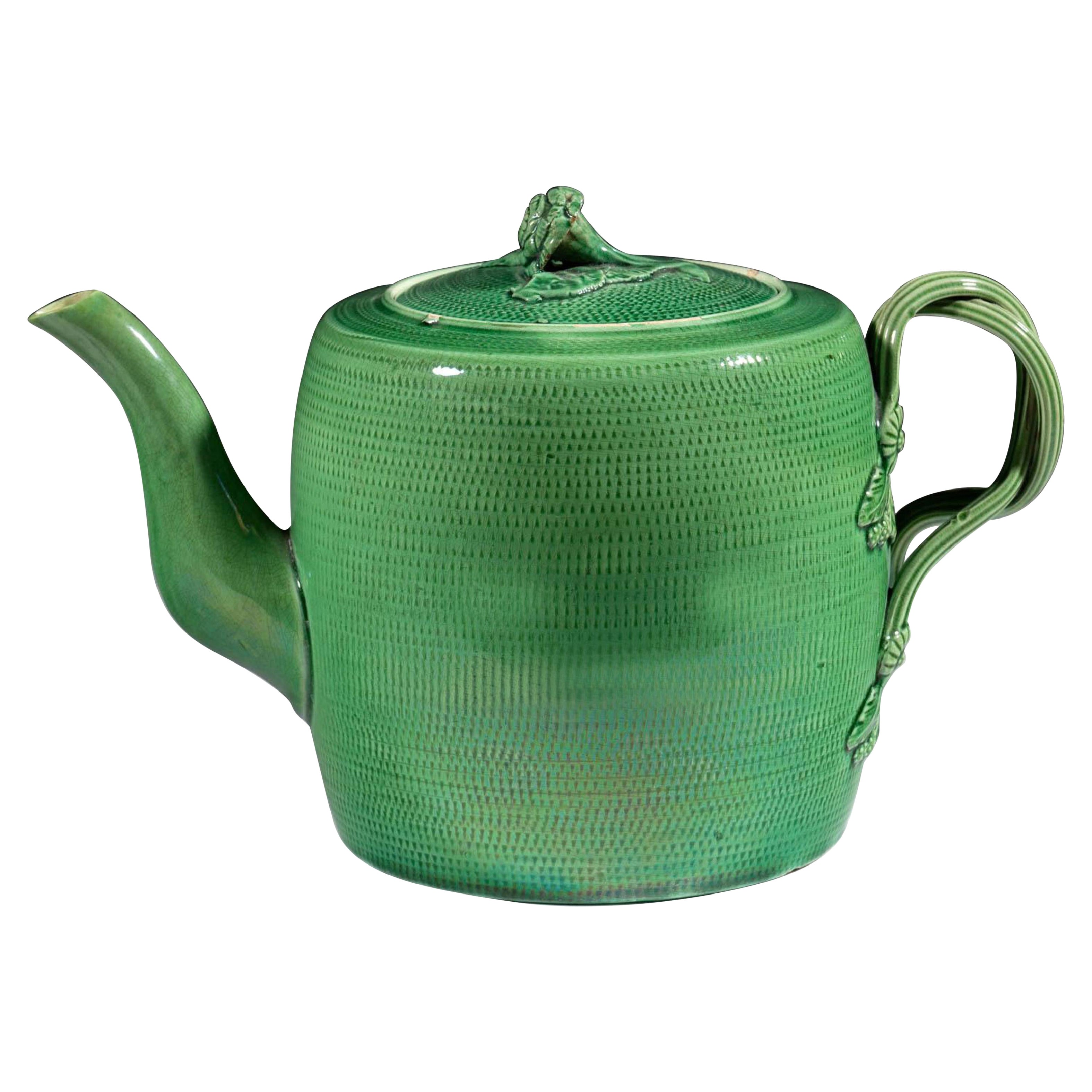 English Creamware Pottery Green Glazed Teapot and Cover, Swinton, Yorkshire