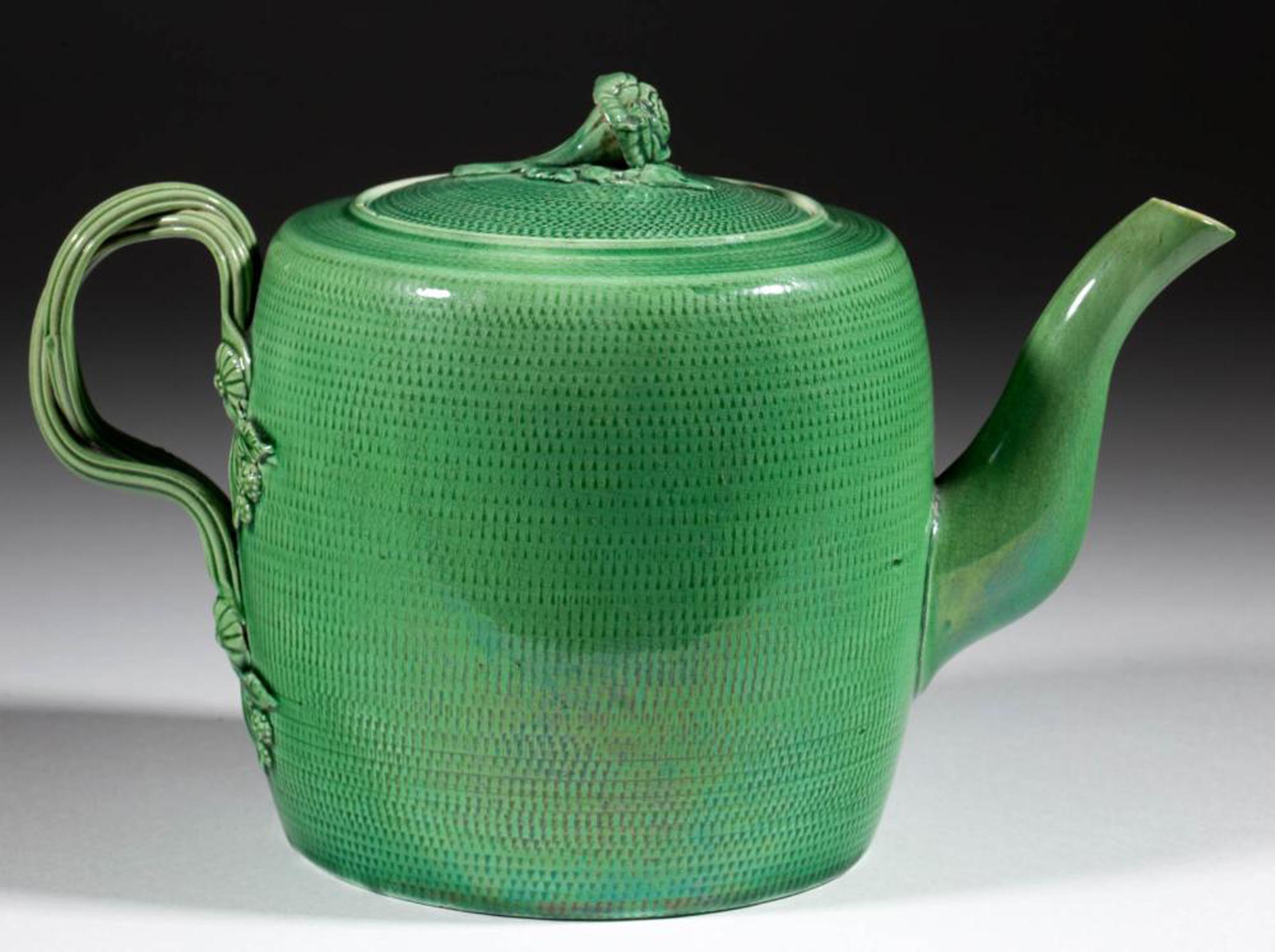 Late 18th Century English Creamware Pottery Green Glazed Teapot and Cover, Swinton, Yorkshire For Sale