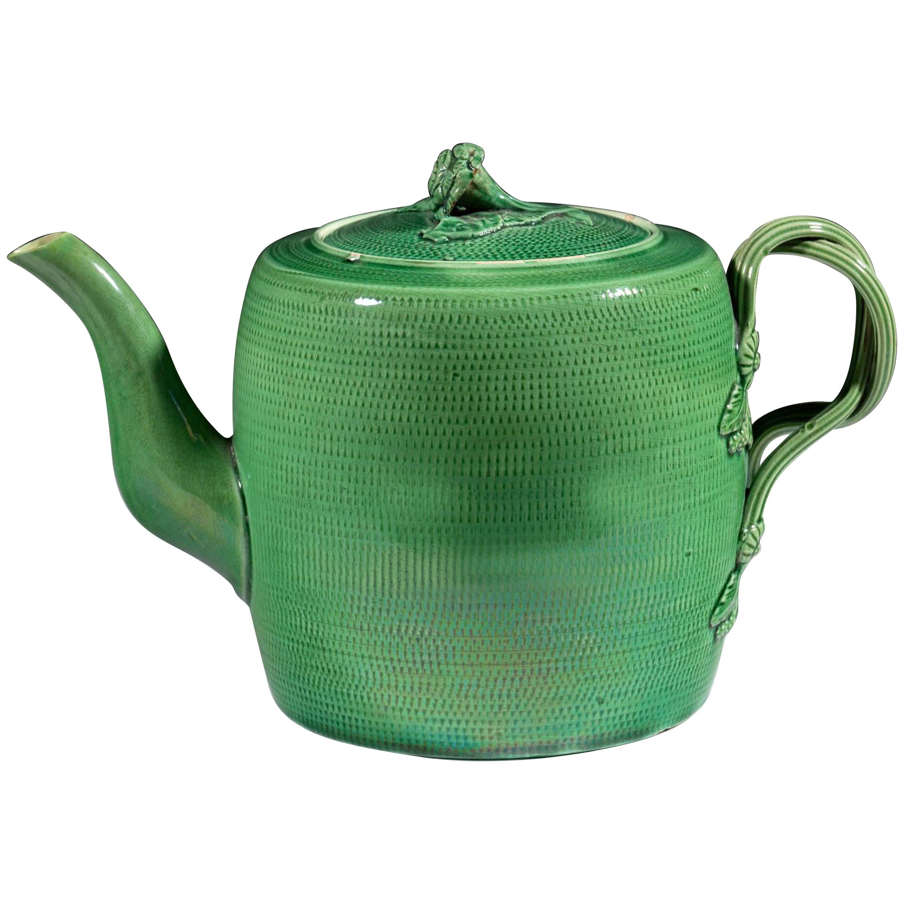 English Creamware Pottery Green Glazed Teapot and Cover, Swinton, Yorkshire For Sale