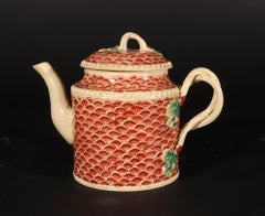 English Creamware Pottery Teapot with Rare Fish Scale Design, Yorkshire