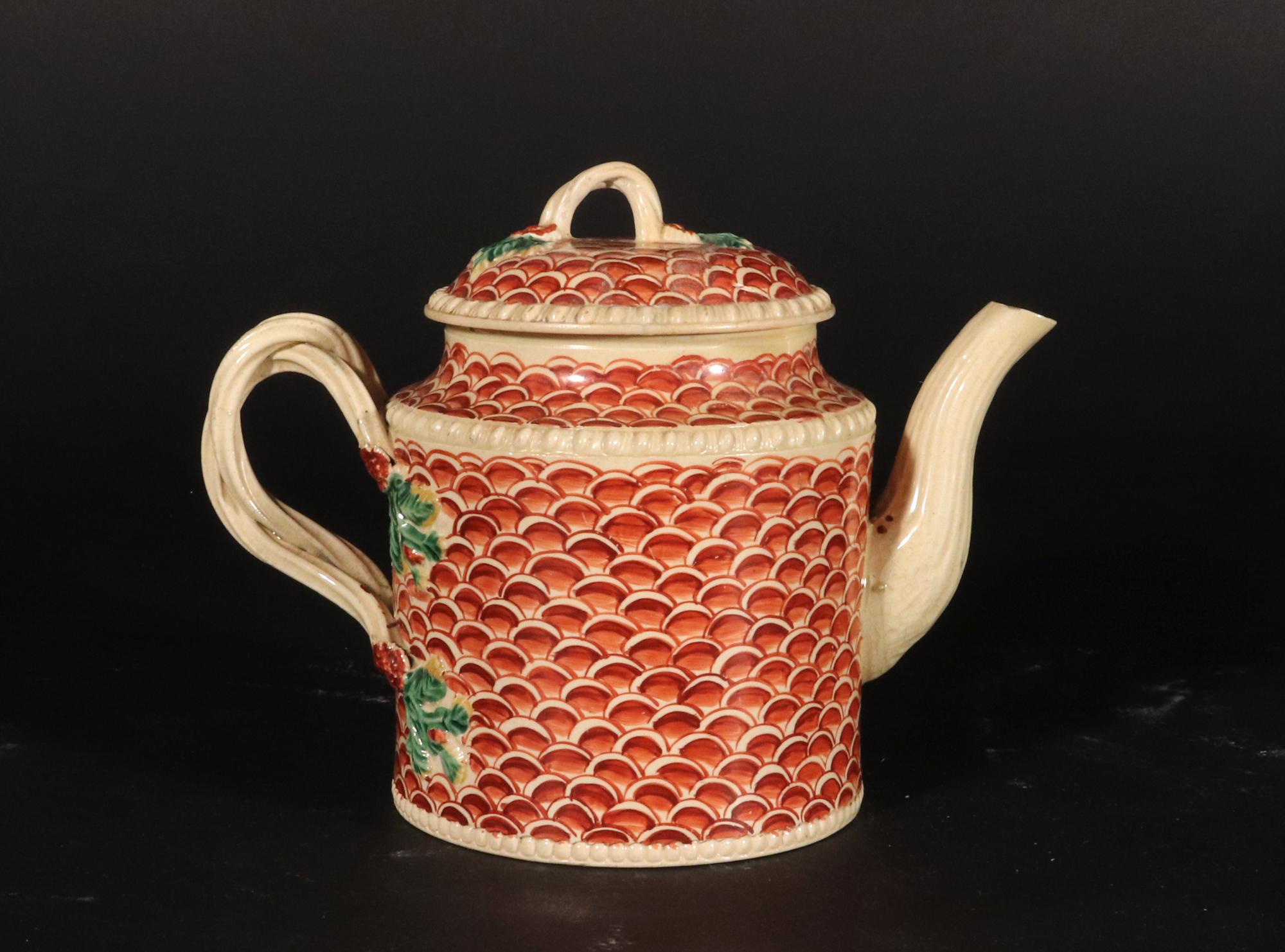 Georgian English Creamware Pottery Teapot with Rare Fish Scale Design, Yorkshire For Sale