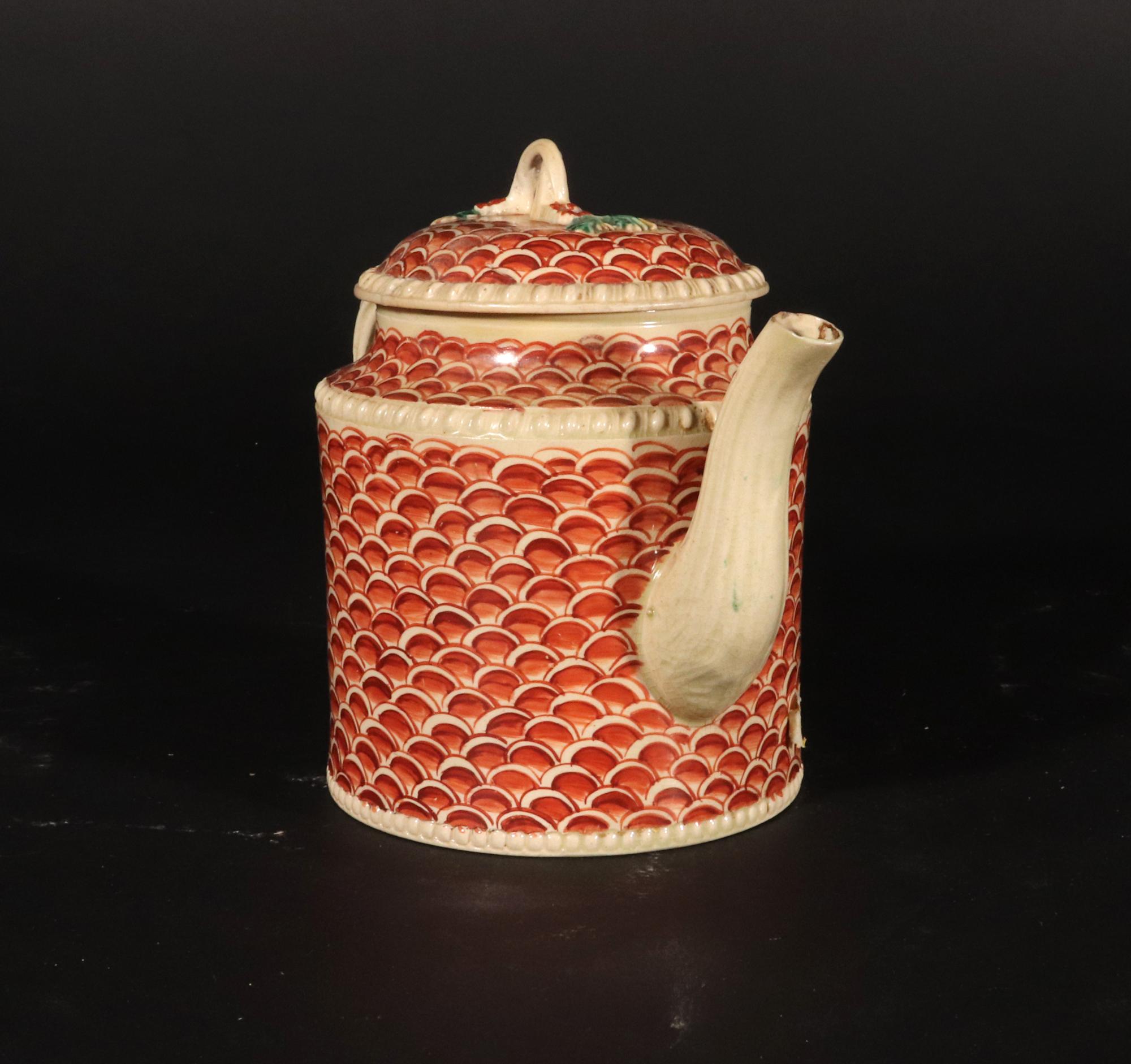 English Creamware Pottery Teapot with Rare Fish Scale Design, Yorkshire In Good Condition For Sale In Downingtown, PA