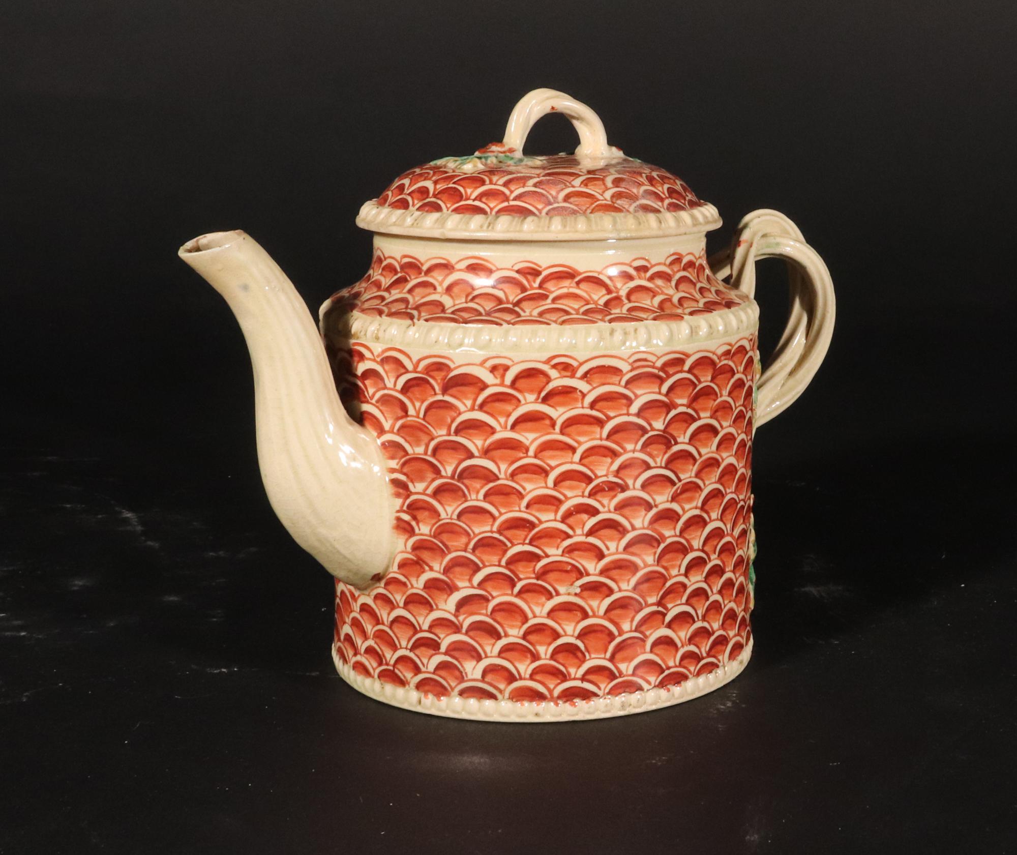 Mid-18th Century English Creamware Pottery Teapot with Rare Fish Scale Design, Yorkshire For Sale