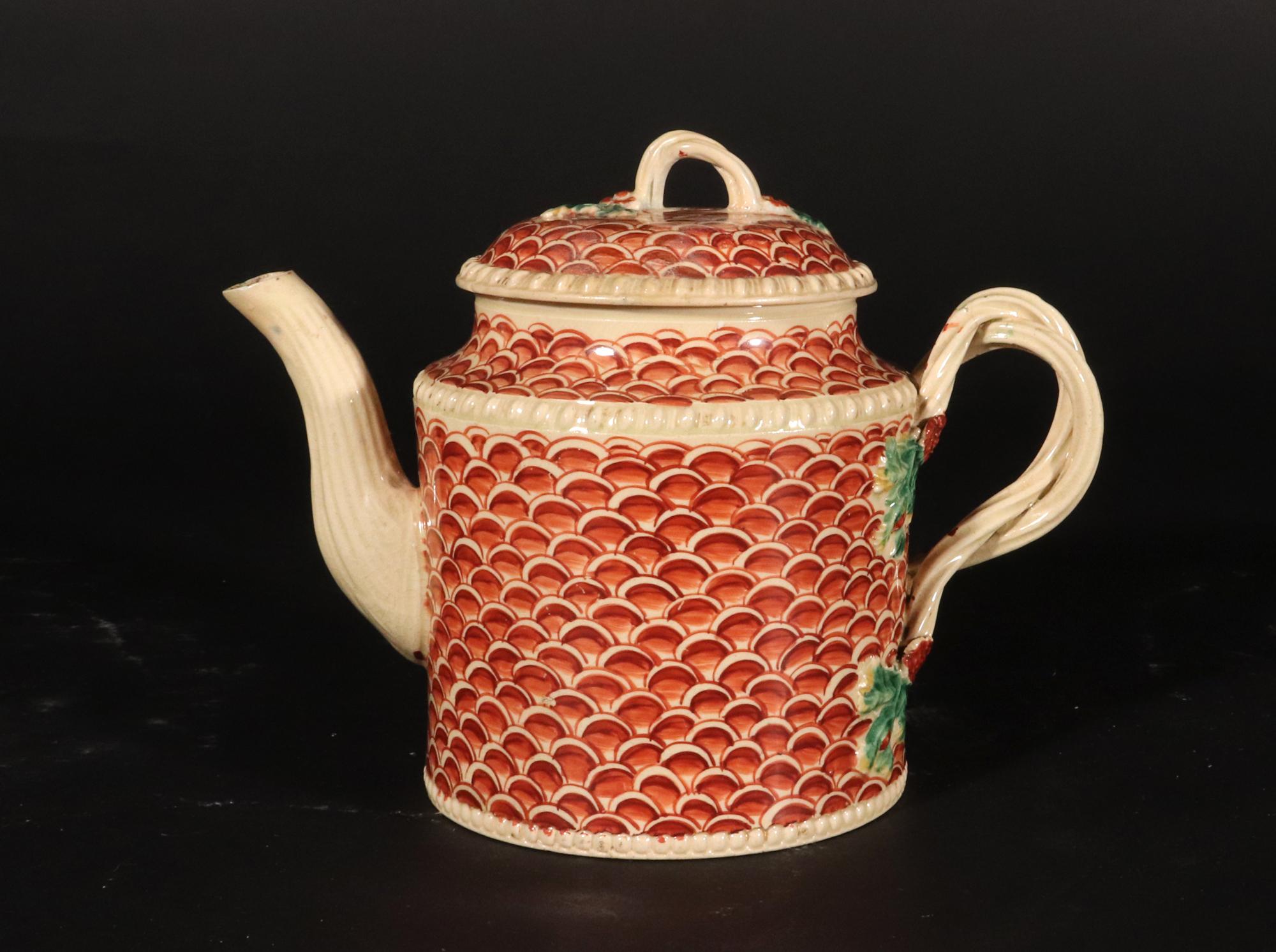 English Creamware Pottery Teapot with Rare Fish Scale Design, Yorkshire For Sale 1